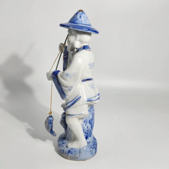 Blue White Porcelain Fisherman Figurine With Fishing Pole Fish On Base Vintage - Picture 2 of 12